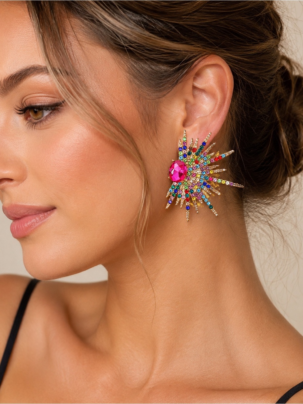 Multicolor Sunburst Earrings with Fuchsia Center